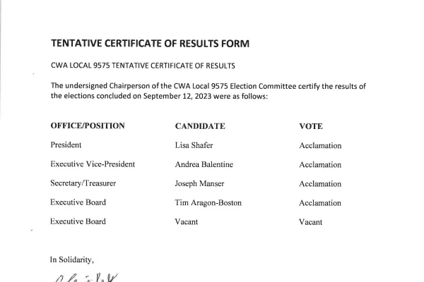 CWA Local 9575 Tentative Certificate of Results 09-12-2023 