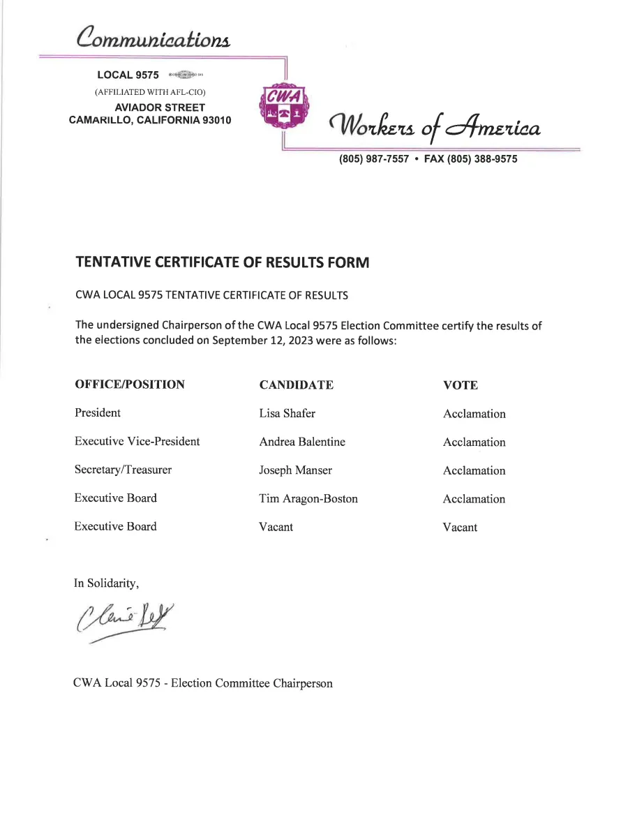 CWA Local 9575 Tentative Certificate of Results 09-12-2023