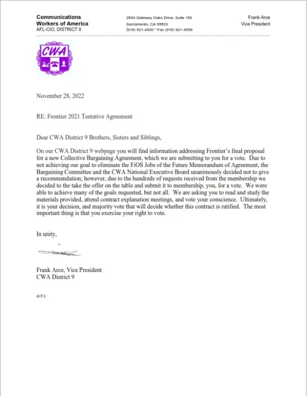 VP Frank Arce Letter