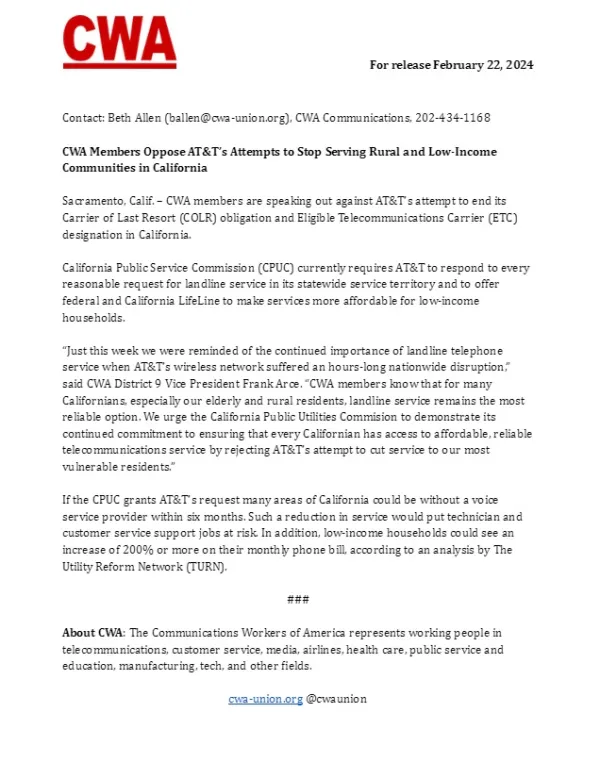 CWA Members Oppose AT&T’s Attempts to Stop Serving Rural and Low-Income Communities in California