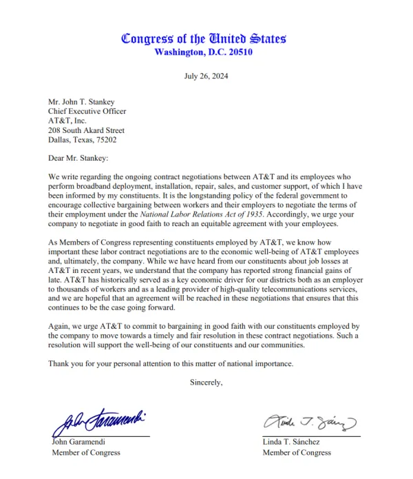 Congressional Letter of Support for AT&T Bargaining Page 1